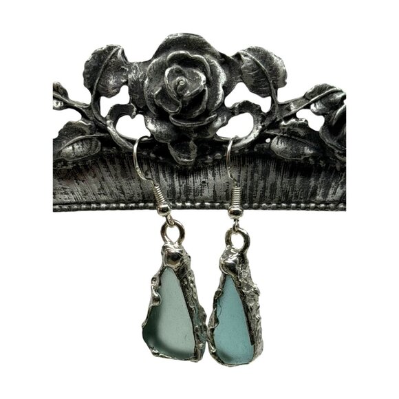 Handmade Sea Glass Earrings With Artisan Silver Blend Cabochons & 925 Hooks - Picture 3 of 13